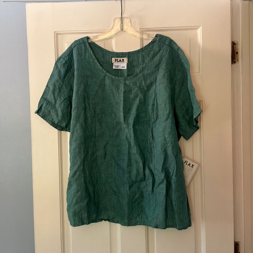 FLAX Linen Scoop Neck Short Sleeve Top Green L 14 16 18 NEW Lagenlook Coastal